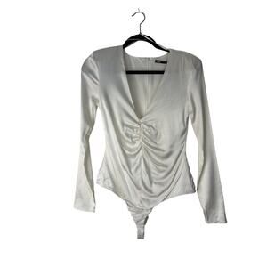 Zara Bodysuit Size M White Satin Effect Deep V-Neck Ruched Long Sleeve Padded